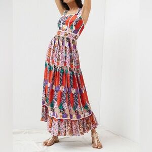 Anthropologie Red and Orange Ruffled Tiered Maxi Dress